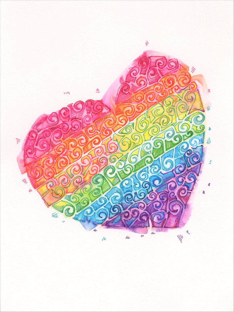 swirly rainbow heart drawing