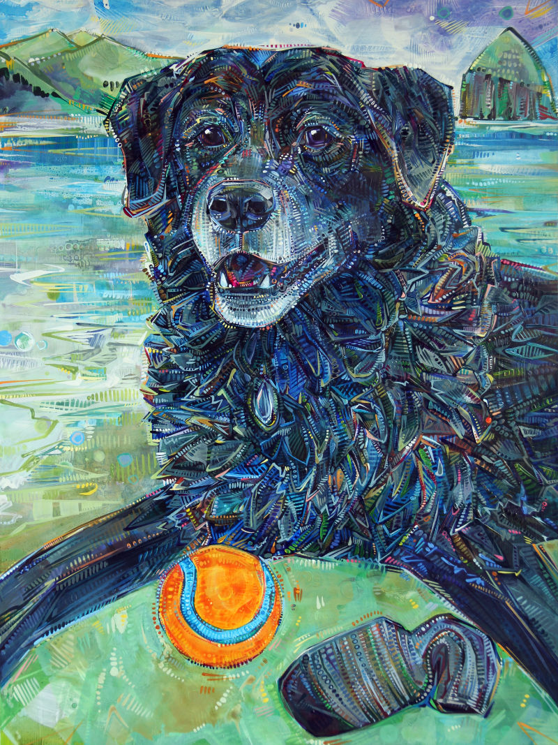 portrait d’un énorme chien noir peint en acrylique