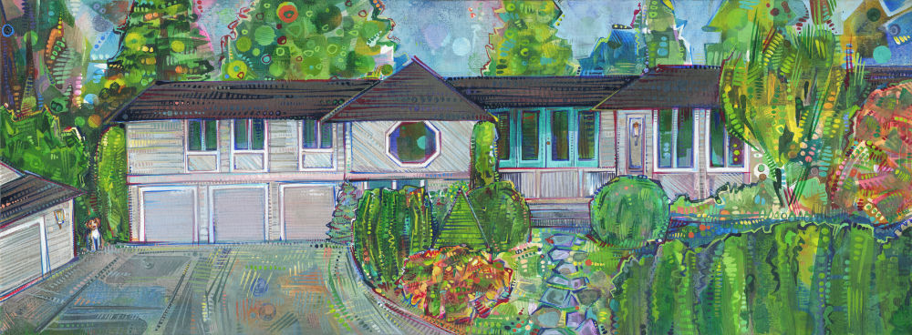 painted portrait of a ranch-style house with an octagonal-shaped window
