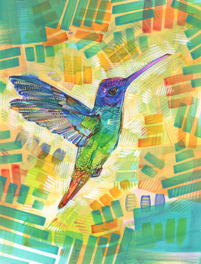 rainbow hummingbird painting by queer artist Gwenn Seemel