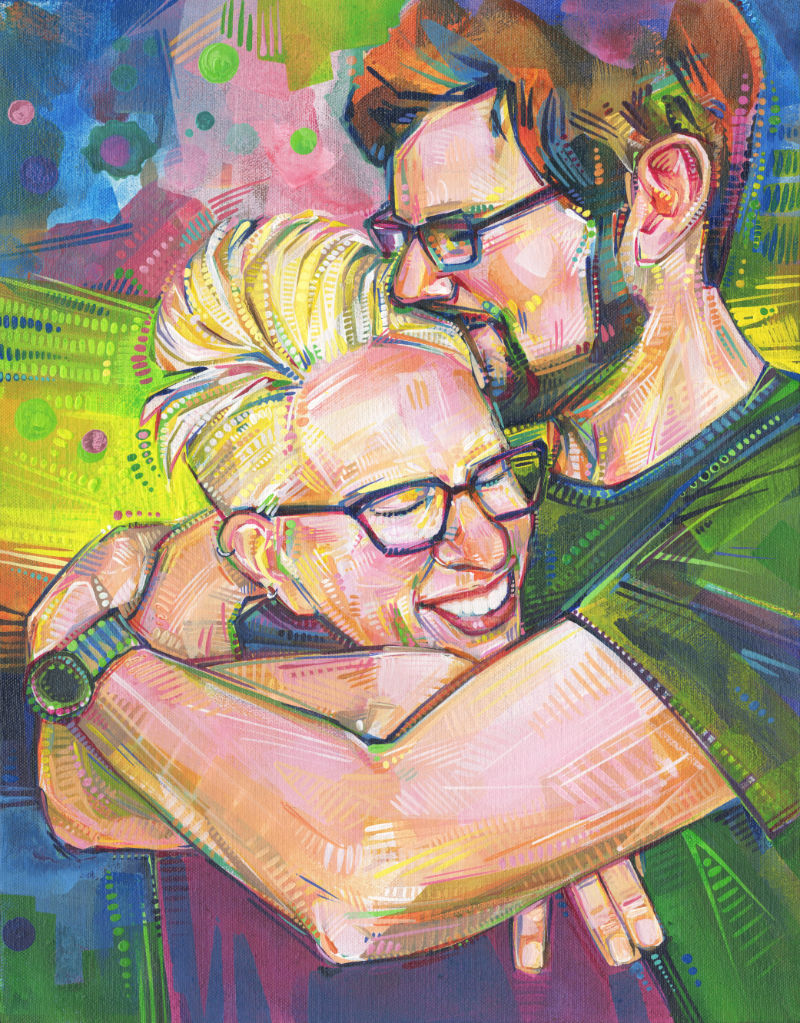 a rainbow double portrait of a blond woman with short hair and a brown-haired man with glasses and a beard