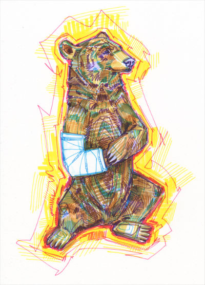bear with a broken arm in a cast, buy art by independant artist Gwenn Seemel