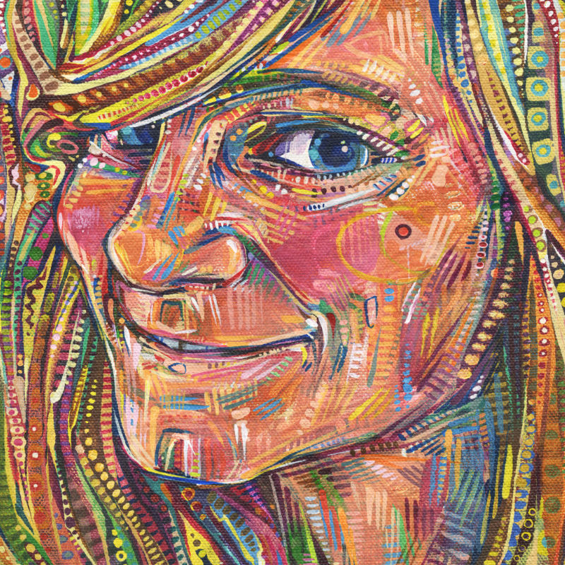 a colorful crosshatched painting of Gwenn Seemel smiling, psychological self-portrait