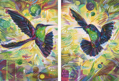 two hummingbirds facing off