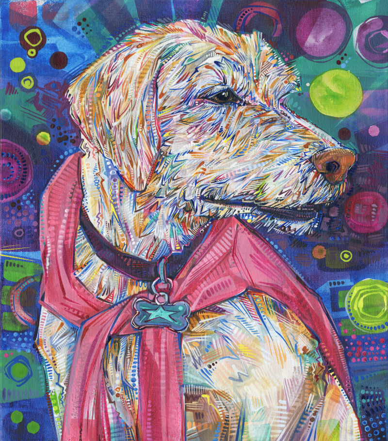 a colorful crosshatched painting of a beige dog wearing a pink human shirt as a cape