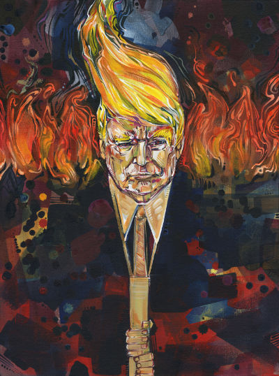 acheter de l’art politique, peinture d’un président qui essaie de mettre feu à la démocratie