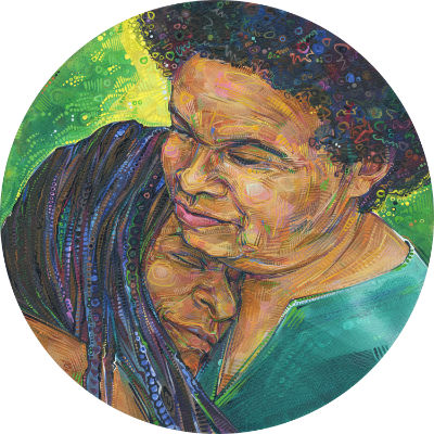 black lesbian couple painted in acrylics