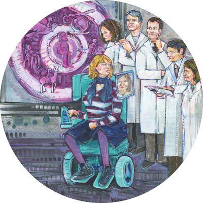 woman in a wheelchair, staring down those who are scientifically intersted in her