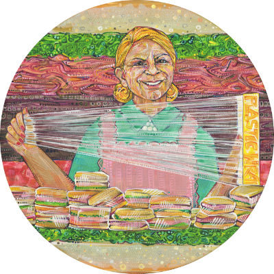 brown woman with died blond hair making sandwiches like a robot, artwork for sale
