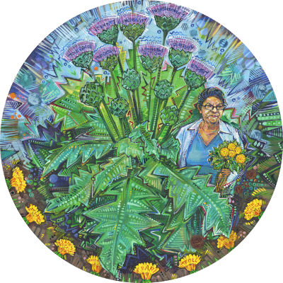 woman weeding the hate out her garden, painted by Gwenn Seemel