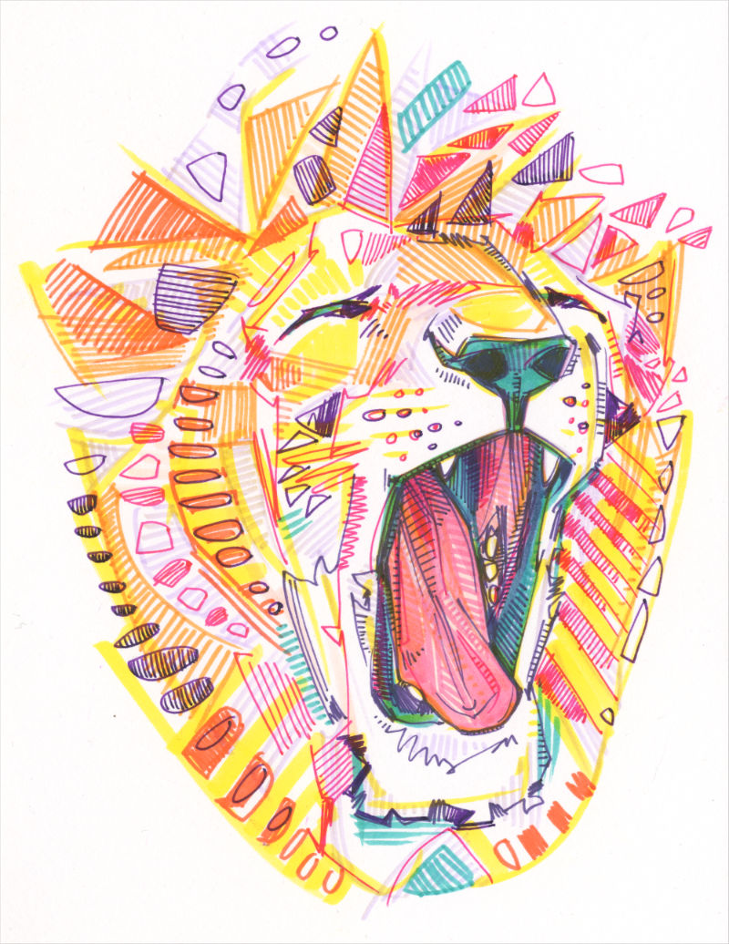 colorful drawing of a tired lion with lots of energetic lines
