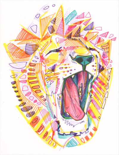 yawning lion image drawn in marker on paper