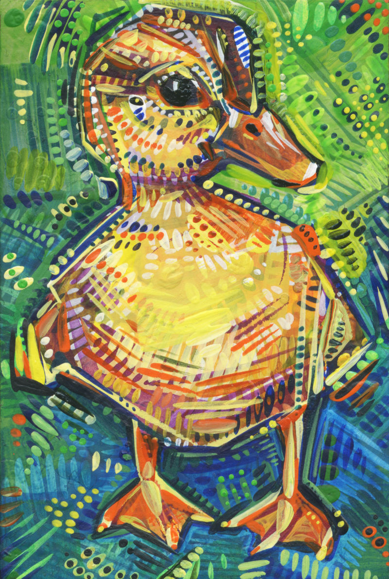 tiny painting of a little yellow duckling represented in energetic brush strokes