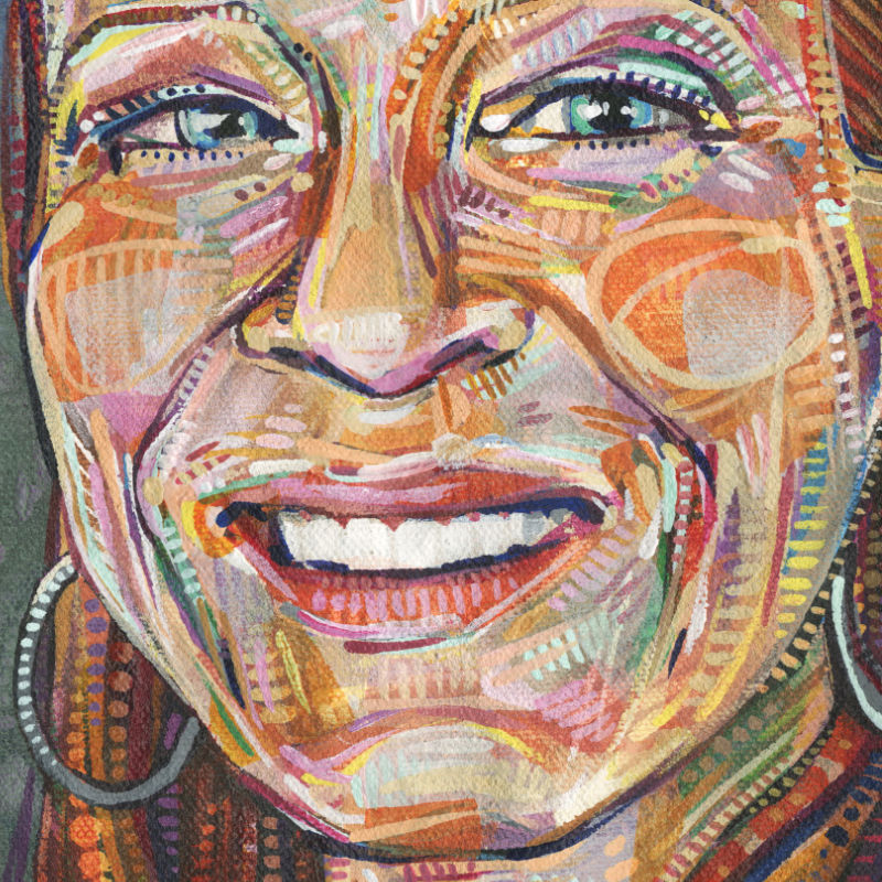painterly portrait of a white woman with red hair smiling