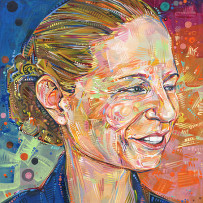 painted portrait of a young white woman smiling