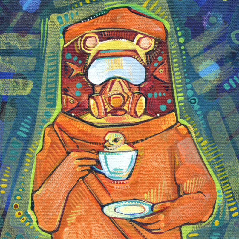 personnage dans un costume de hazmat avec une tasse de thé