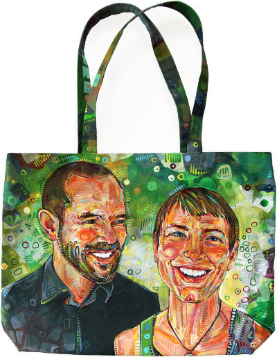 young couple painted on a canvas tote