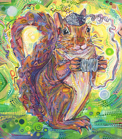 whimsical paintng of a squirrel unraveling her brain