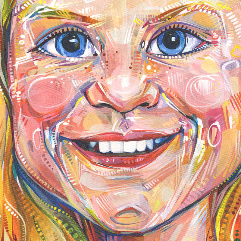 painting of a smiling white girl with white-blonde hair