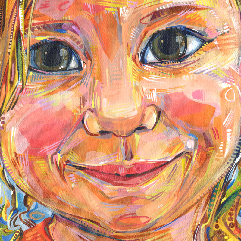 painting of a smiling toddler girl with a mischievous expression