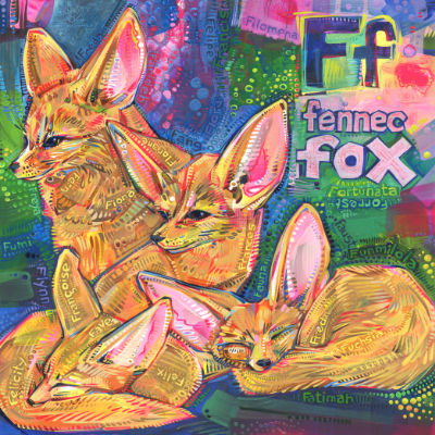 four fennec foxes painted in bright colors