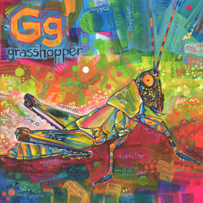 G is for grasshopper, alphabet book painting by wildlife artist Gwenn Seemel