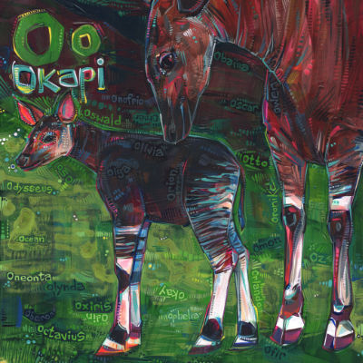 O is for okapi, art pour un livre d’alphabet anglophone