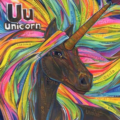 U is for unicorn, illustration pour un livre d’alphabet anglophone