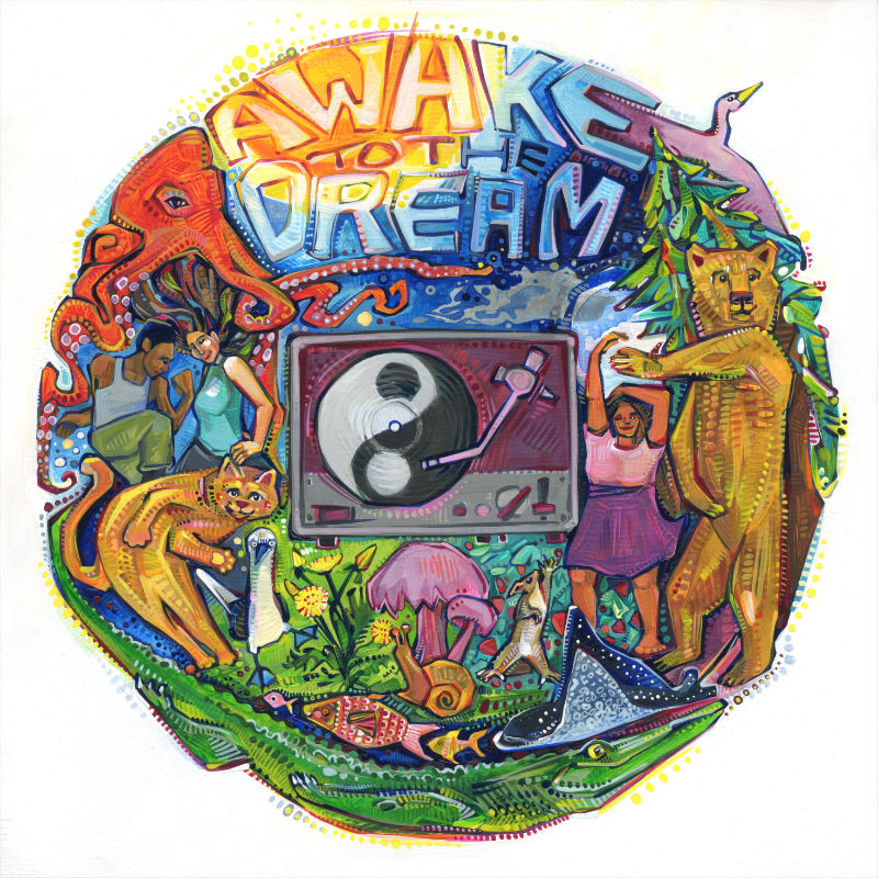album art with a world of animals, plants, and people dancing around a yin and yang symbol