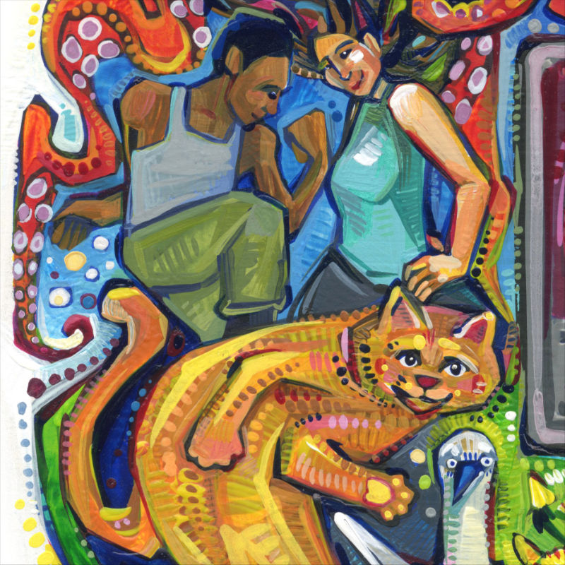 deux personnes et un chat dansant, peinture par Gwenn Seemel