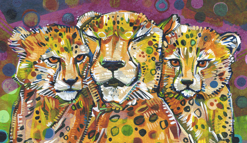 trois chats sauvages avec de jolies taches, peintes à l’acrylique, GIF artistique par Gwenn Seemel