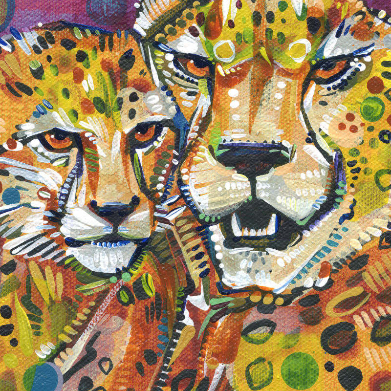 maman gu&eacute;pard et b&eacute;b&eacute; peint en acrylique