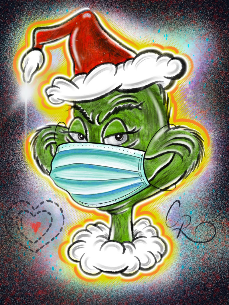 le Grinch de Dr. Seuss portant un masque, illustration par Chris Rae