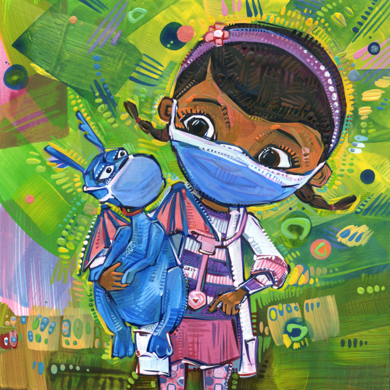 mixed media Doc McStuffins fan art of Dottie and her blue dragon wearing face coverings because of the pandemic