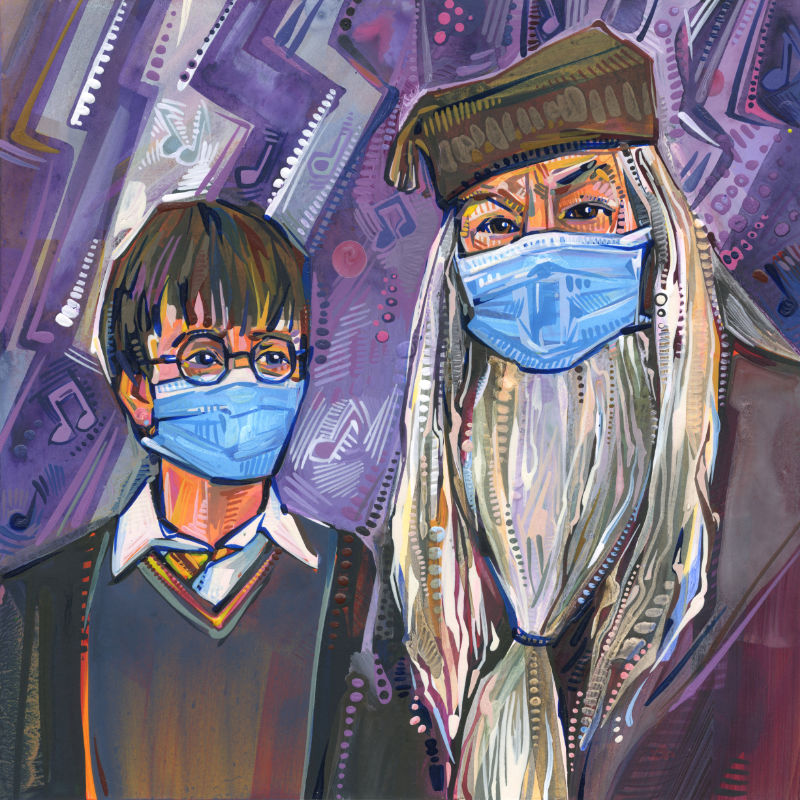 mixed media Harry Potter fan art for the pandemic, Albus Dumbledore and Harry
