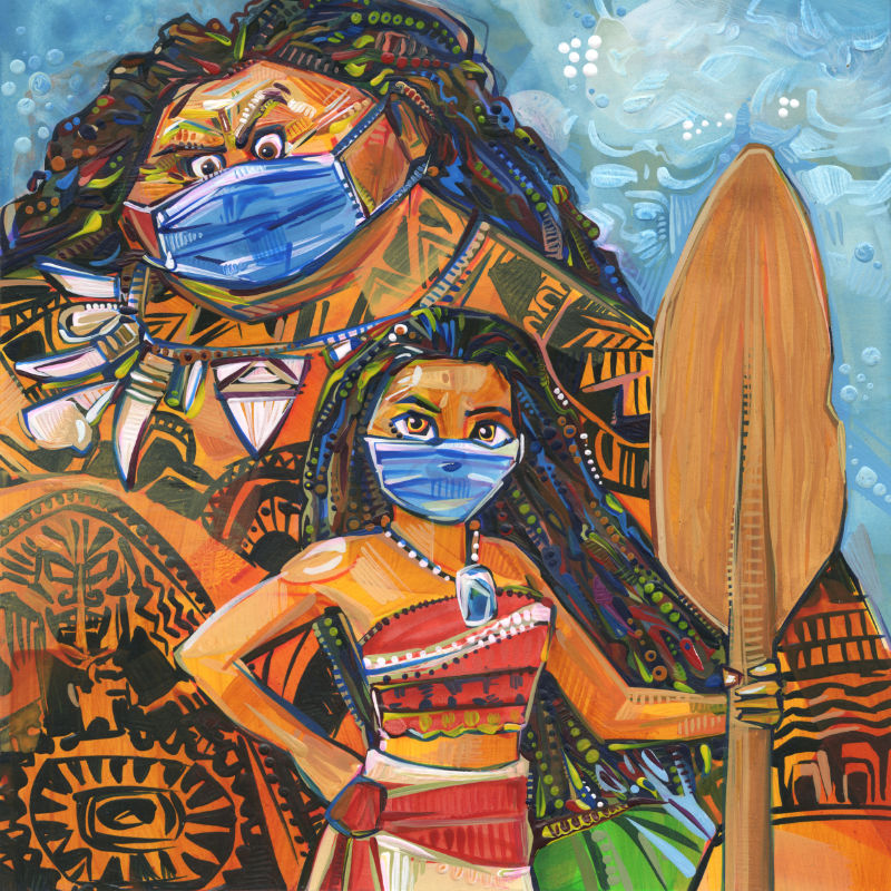 fan art Disney, fait en technique mixte représentant Maui et Moana portant des masques à cause de la pandémie
