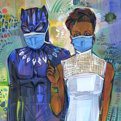 Challa et Zuri portant des masques COVID-19, acheter de l’art original d’artiste indépendant