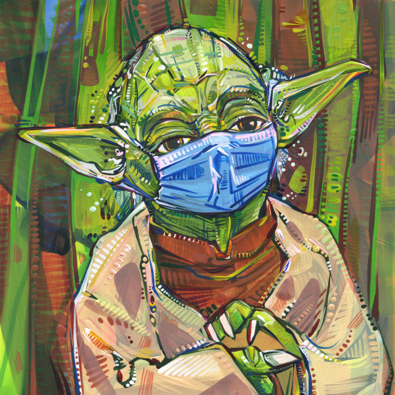 fan art Star Wars, fait en technique mixte représentant Yoda portant un masque à cause de la pandémie