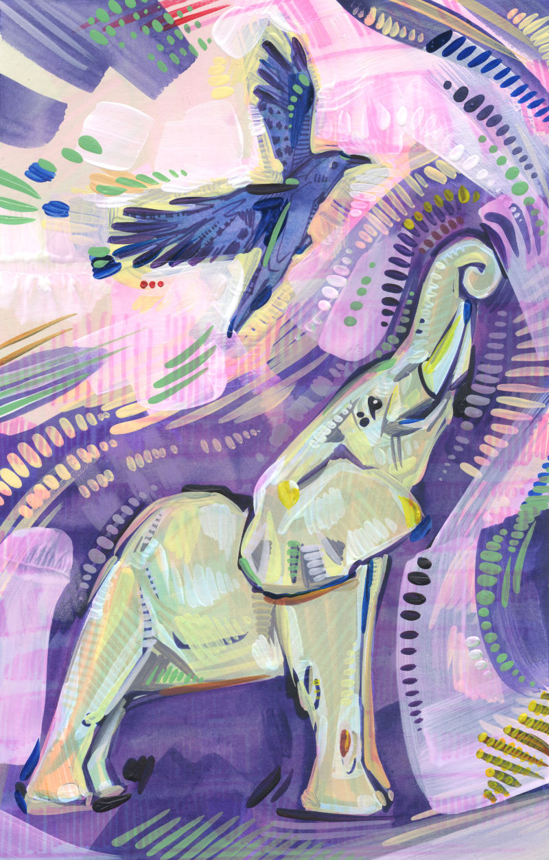 corbeau et éléphant peint par Gwenn Seemel