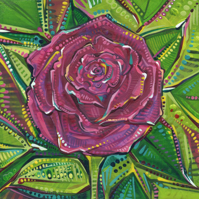 red rose with a green leaf design painted in acrylic on wood