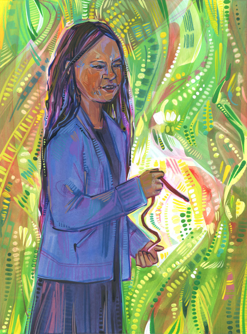 portrait de techniques mixtes d’un enfant aux cheveux longs avec un serpent jarretière dans ses mains