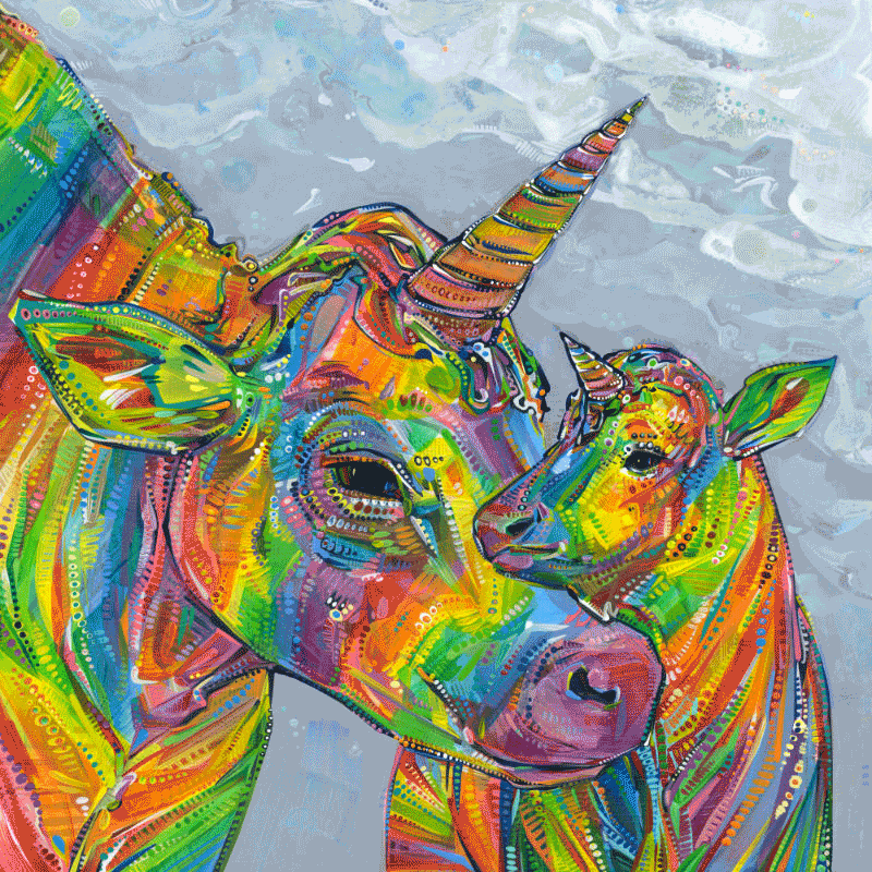 une maman vache-licorne et son bébé GIF artistique