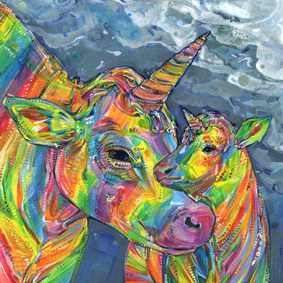 rainbow unicow mom and baby painted by queer artist Gwenn Seemel