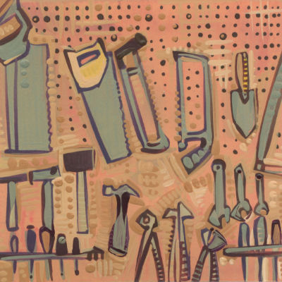 rangement outils mural, illustration artistique