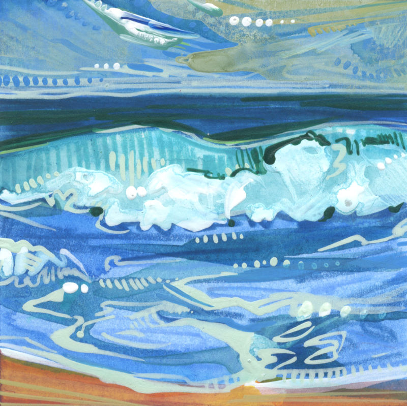 peinture de paysage d’une vague se brisant sur une plage, illustration à la peinture acrylique, marqueur, et crayon de couleur