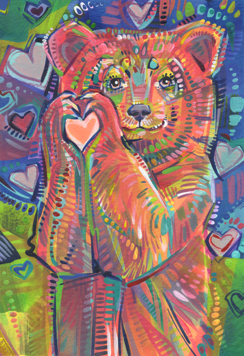 colorful wildlife painting art made for a Patreon patron, bear cub making heart with her paws