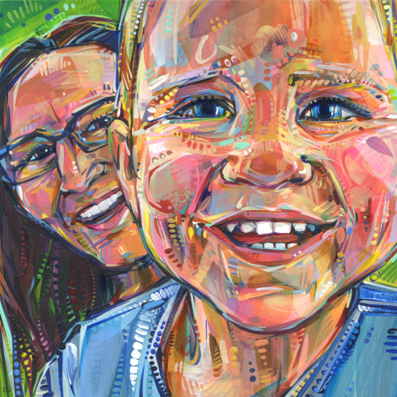 jeune maman et son petit garçon souriant, portrait à l’acrylique