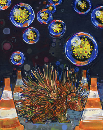 soap bubbles filled with COVID floating over a porcupine, a representation of pandemic anxiety