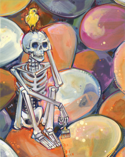 skeleton with a chick on top of its skull holding a paintbrush and contemplating things, mental health illustration by surrealist artist Gwenn Seemel