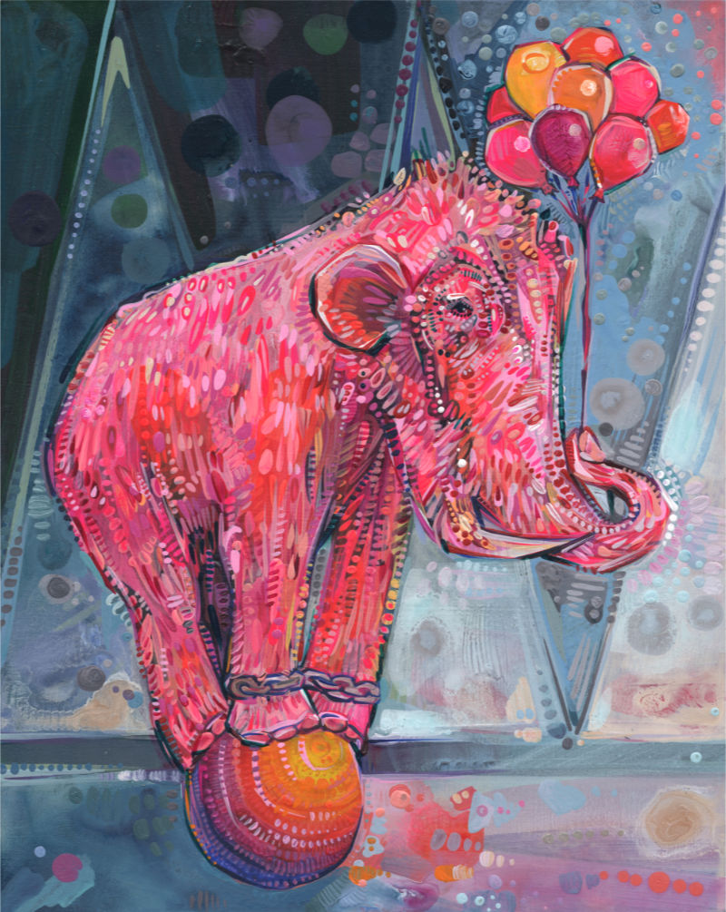 pink woolly mammoth pretending to be a circus elephant balancing on a ball